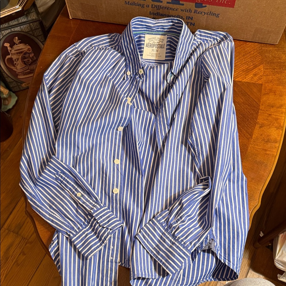 Aeropostale Men's Striped Blue and White Shirt